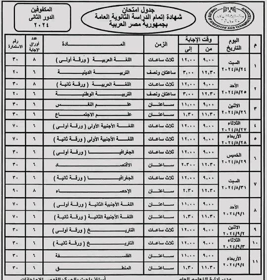 جدول امتحانات الثانوية العامة 