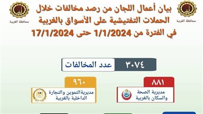تحرير 3 آلاف مخالفة خلال الحملات التفتيش على المحال والأسواق بالغربية