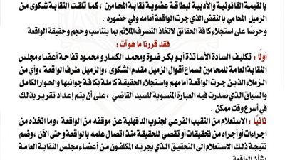 نقابة المحامين تصدر بيانا بشأن واقعة المنصورة 