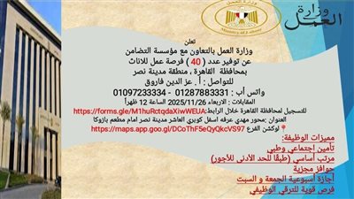 40 فرصة عمل للسيدات بمدينة نصر.. اعرف الشروط وإجراءات التقديم